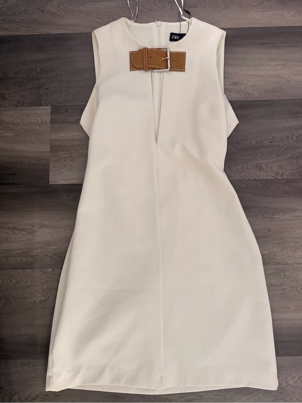 Zara Cream Midi Dress with Tan Buckle Accent